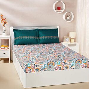 Amazon Brand - Solimo Paisley Preen 144 TC 100% Cotton Double Bedsheet with 2 Pillow Covers, Green and Orange