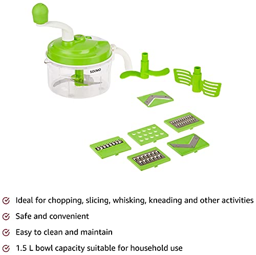 Amazon Brand - Solimo 10-in-1 Manual Food Processor Atta Maker, Vegetable Chopper, Slicer and Grater (Silver)