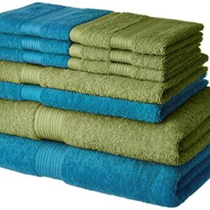 Amazon Brand - Solimo 100% Cotton 10 Piece Towel Set, 500 GSM (Olive Green and Turquoise Blue)