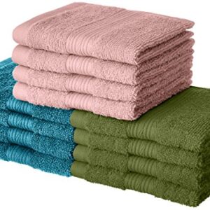 Amazon Brand - Solimo 100% Cotton 12 Piece Towel Set, 500 GSM (Turquoise Blue, Olive Green and Baby Pink)