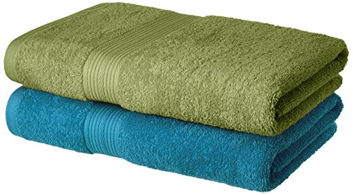Amazon Brand - Solimo 100% Cotton 2 Piece Bath Towel Set, 500 GSM (Olive Green and Turquoise Blue)