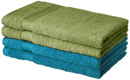 Amazon Brand - Solimo 100% Cotton 4 Piece Hand Towel Set, 500 GSM (Olive Green and Turquoise Blue)