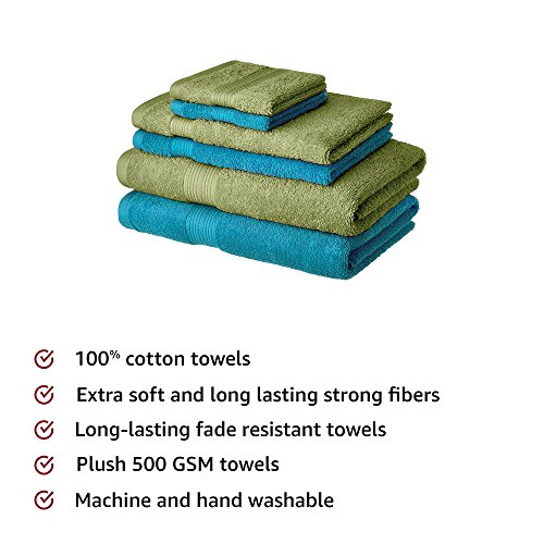 Amazon Brand - Solimo 100% Cotton 6 Piece Towel Set, 500 GSM (Olive Green and Turquoise Blue)