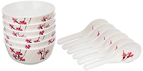 Amazon Brand - Solimo Classico Set of 6 Melamine soup bowls with spoons (11.5 cm),Plastic, Floral, White
