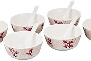 Amazon Brand - Solimo Classico Set of 6 Melamine soup bowls with spoons (11.5 cm),Plastic, Floral, White