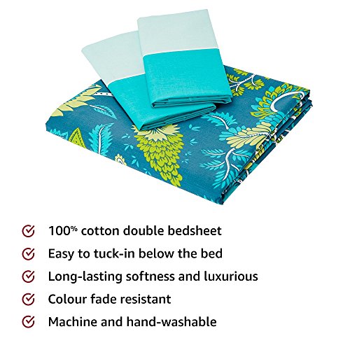 Amazon Brand - Solimo Floral Foliage 144 TC 100% Cotton Double Bedsheet with 2 Pillow Covers, Navy Blue