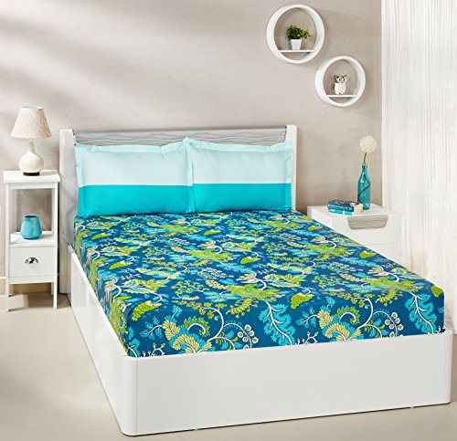Amazon Brand - Solimo Floral Foliage 144 TC 100% Cotton Double Bedsheet with 2 Pillow Covers, Navy Blue