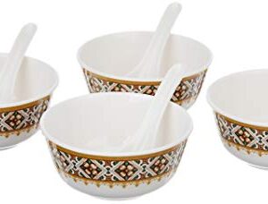 Amazon Brand - Solimo Majestico Set of 4 Melamine Soup Bowls with Spoons (11.5 cm), White