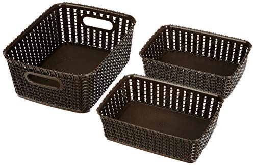 Amazon Brand - Solimo Plastic 3 Piece Storage Basket Set, Brown