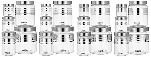 Amazon Brand - Solimo Plastic Container Set With Metal Finish Lids- 20 pieces, Silver