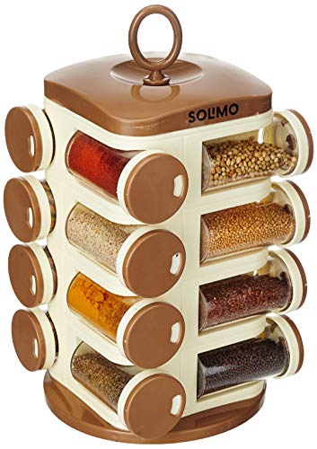 Amazon Brand - Solimo Revolving Plastic Spice Rack Set of 16 pieces, (Light Brown, Standard Size)