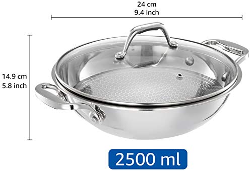 Amazon Brand - Solimo Stainless Steel & Aluminium Triply Honeycomb Kadhai with Lid, 24cm, Silver