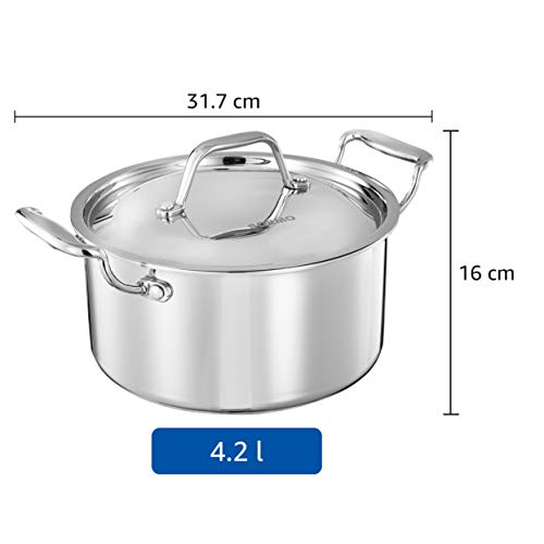 Amazon Brand - Solimo Tri-ply Stainless Steel Induction Base Sauce Pot with Steel lid (22cm, 4.2L)