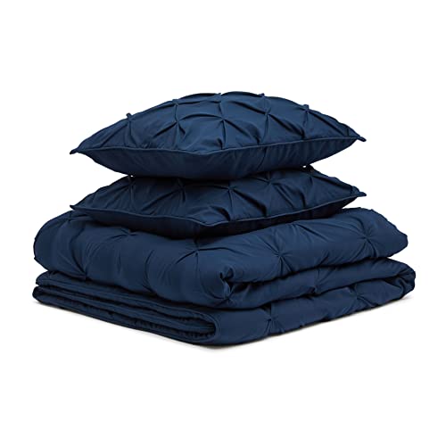 Amazonbasics Pinch Pleat Comforter Bedding Set, King Size, Navy Blue, Microfiber, 1 Set of 3 Piece