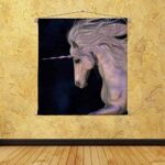 ArtzFolio White Buck Unicorns Horn Satin Fabric Painting Tapestry | Scroll Art Hanging 30 x 30 inch (76 x 76 cms)