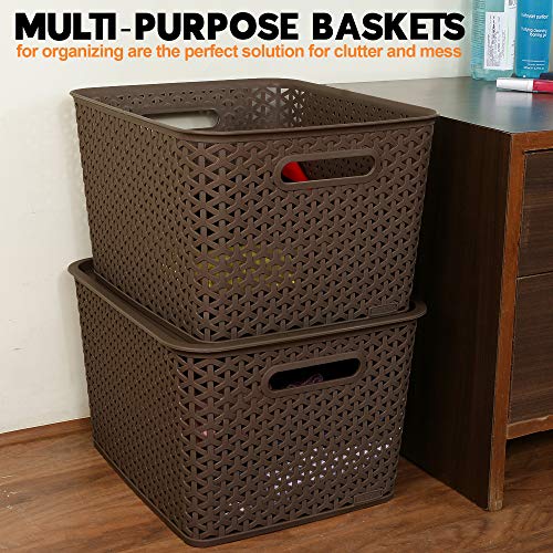 Bel Casa Royal Basket Large Pack of 3 With 3 Lids Multipurpose Plastic Storage Baskets - Dark Brown