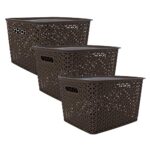 Bel Casa Royal Basket Large Pack of 3 With 3 Lids Multipurpose Plastic Storage Baskets - Dark Brown