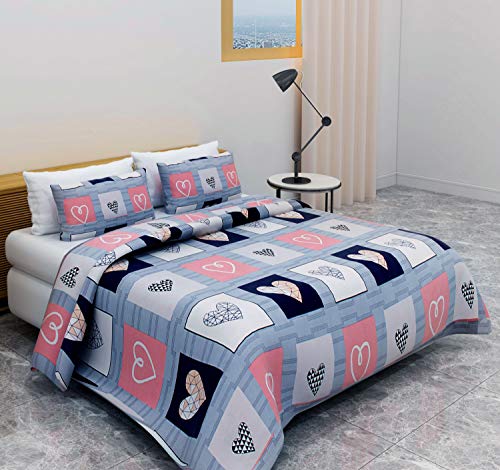 Bevi 204 Tc 3D Microfiber Double Bedsheet with 2 Pillow Covers - Printed, Baby Blue Heart