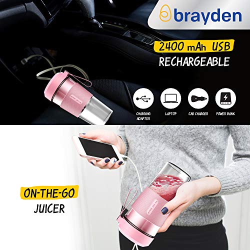 Brayden Fito Kup-G Rechargeable Power Blender with 7.4V Motor & Transparent Glass Jar, 300 ml (Baby Pink)