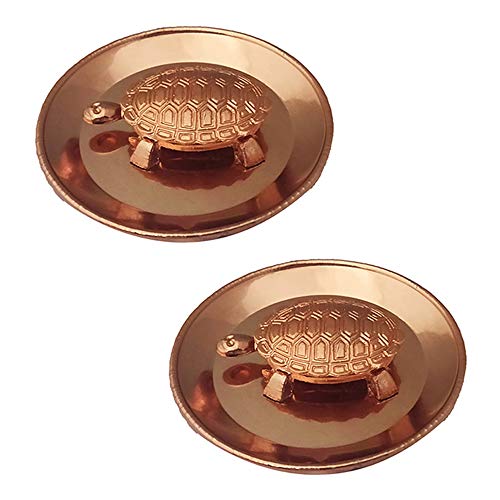 Divya Mantra Feng Shui Pure Copper 1.5" Tortoise/Turtle with 2.25'' Diameter Water Plate; Vastu Living Positivity, Wealth, Money, Good Luck & Longevity; Home, Office Decor Gift Items/Products-Set of 2
