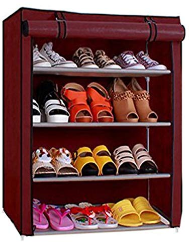 Ebee 4 Shelves Shoe Cabinet (Maroon, Metal)