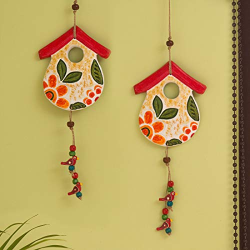 ExclusiveLane Farm Huts Handmade Handpainted Terracotta Wall Hanging- Multicolor, Standard (Set of 2), Urban;Birds