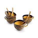 ExclusiveLane 'Mughal Floral' Handpainted Ceramic Soup Bowl with Spoons Soup Cups with Handle (Set of 4, 380 ML…