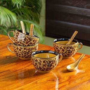 ExclusiveLane 'Mughal Floral' Handpainted Ceramic Soup Bowl with Spoons Soup Cups with Handle (Set of 4, 380 ML…