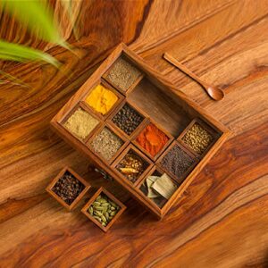 ExclusiveLane "Twelve Blends" Spice Box with 12 Containers & Spoon in Sheesham Wood - Wooden Spice Box Set for Kitchen Masala Spice Boxes Masala Daani Namak Dani Dabba Multipurpose Decorative Boxes"
