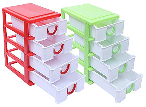Heart Home Plastic 2 Pieces Four Layer Drawer Storage Cabinet Box (Green & Red)- CTHH021687