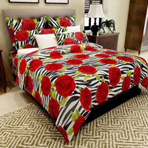 Home Candy 100% Cotton Red Flowers and Stripes Double Bed Sheet with 2 Pillow Covers