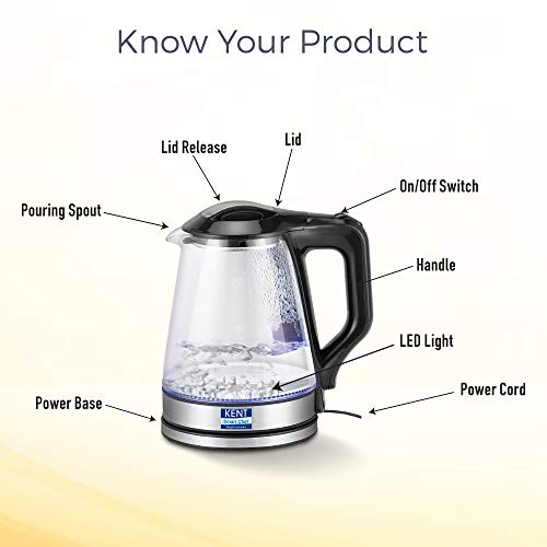 KENT 16023 Electric Glass Kettle 1.7 L | 1500W | Stainless Steel Heating Plate | Borosilicate Glass Body | Boil Drying…