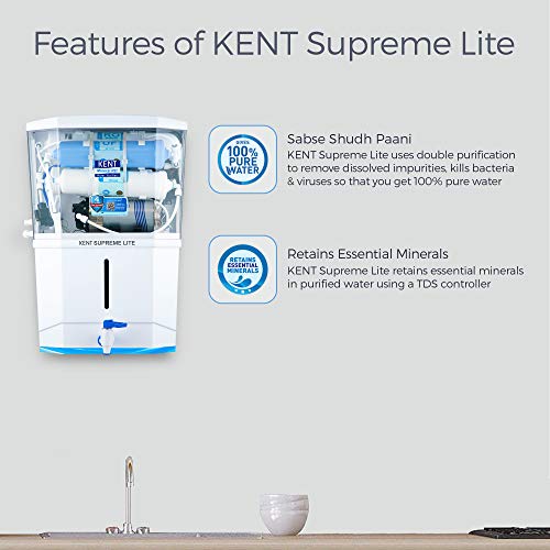 KENT Supreme Lite RO+UF Water Purifier | Patented Mineral RO Technology | RO + UF + TDS Control | 20 LPH Output | 8 L…