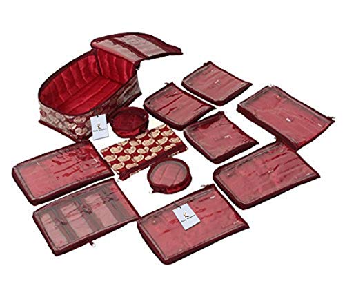 Kuber Industries Brocade Jewellery kit with 12 Pouch|Solid Print With Waterproof Outer Material|12 Pouches & Zipper…