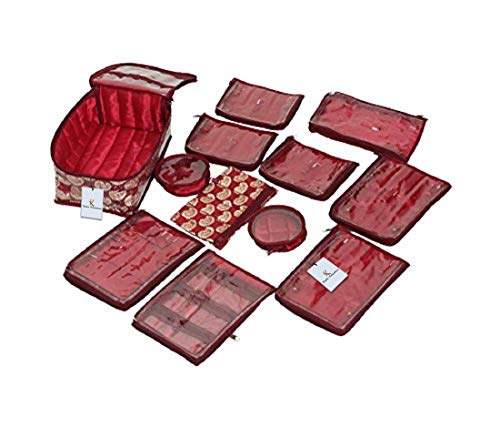 Kuber Industries Brocade Jewellery kit with 12 Pouch|Solid Print With Waterproof Outer Material|12 Pouches & Zipper…