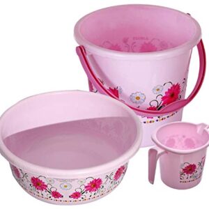 Kuber Industries Floral Print Bathroom Bathing Set of 3 Piece with Plastic 18 LTR Bucket, 1 LTR Mug, 40 LTR Bath Tub…