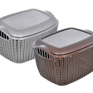 Kuber Industries Multiuses Large M 30 Plastic Basket/Organizer With Lid- Pack of 2 (Grey & Brown) -46KM021