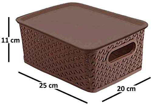 Kuber Industries Plastic Multipurpose Solitaire Storage Basket with Lid|Side Handles & Wovan Design|Size 25 x 20 x 11 CM…