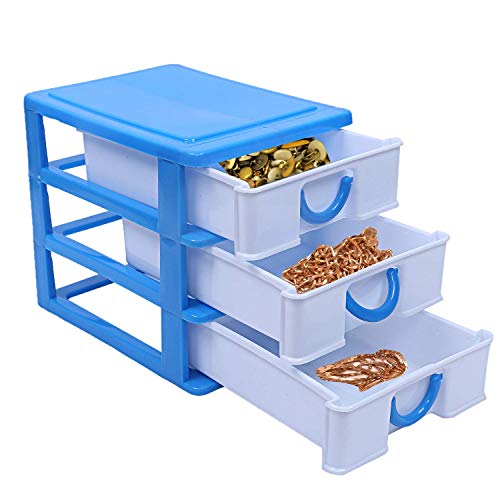 Kuber Industries Plastic Three Layer Drawer Storage Cabinet Box (Blue, Standard Size - CTKTC025074)