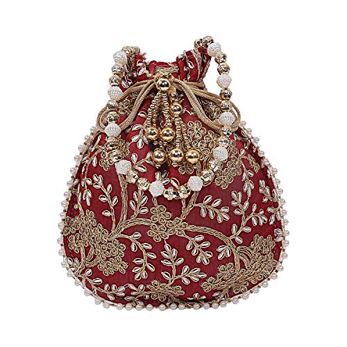 Kuber Industries Silk Embroidered Women Potli Bag (Maroon) -CTKTC8814