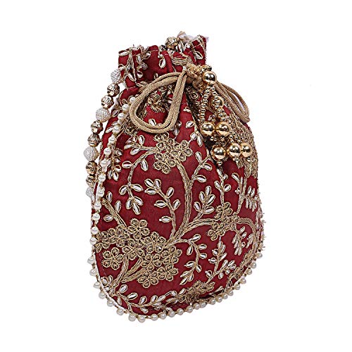 Kuber Industries Silk Embroidered Women Potli Bag (Maroon) -CTKTC8814