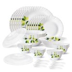 Larah by Borosil Green Leaves Silk Series Opalware 19 Pieces Dinner Set, Opal Glass Dinner Plates & Bowls, Crockery Set…