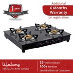Lifelong Glass Top Gas Stove, 4 Burner Gas Stove, Black (ISI Certified,1 year warranty with Doorstep Service)