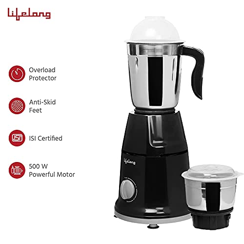 Lifelong LLMGEK03 Mixer Grinder 500 W (2 Jar, Black) with Electric Kettle 1.5 Litre 1500W for Boiling Water, Soup…