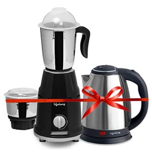 Lifelong LLMGEK03 Mixer Grinder 500 W (2 Jar, Black) with Electric Kettle 1.5 Litre 1500W for Boiling Water, Soup…