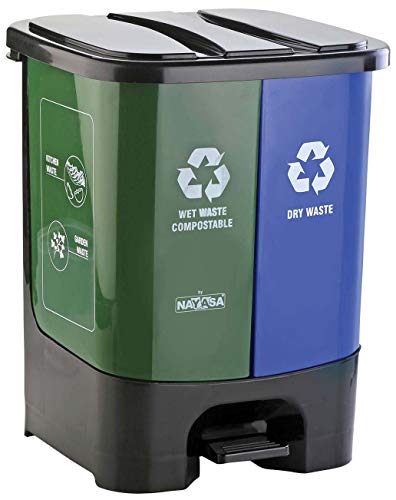 Nayasa 2 in 1 Dustbin - Dry Waste and Wet Waste Step-On Dustbin (19 Ltrs) - Small, Plastic, Green & Blue