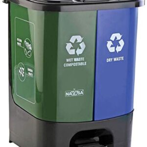 Nayasa 2 In 1 Dustbin - Dry Waste and Wet Waste Step-On Dustbin (33 Ltrs) - Big, Plastic, Green & Blue