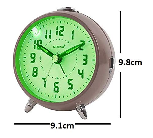 OREVA Alarm Table Clock with LED and 4 Step Buzzer Sound (Brown Body Green LED, 9.1 cm x 5.6 cm x 9.8 cm, AA3527)