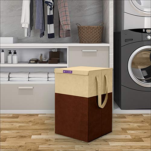 PrettyKrafts Folding Laundry Basket for Clothes with Lid & Handle, Toys Organizer, 35 Liters, Brown