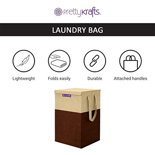 PrettyKrafts Folding Laundry Basket for Clothes with Lid & Handle, Toys Organizer, 35 Liters, Brown